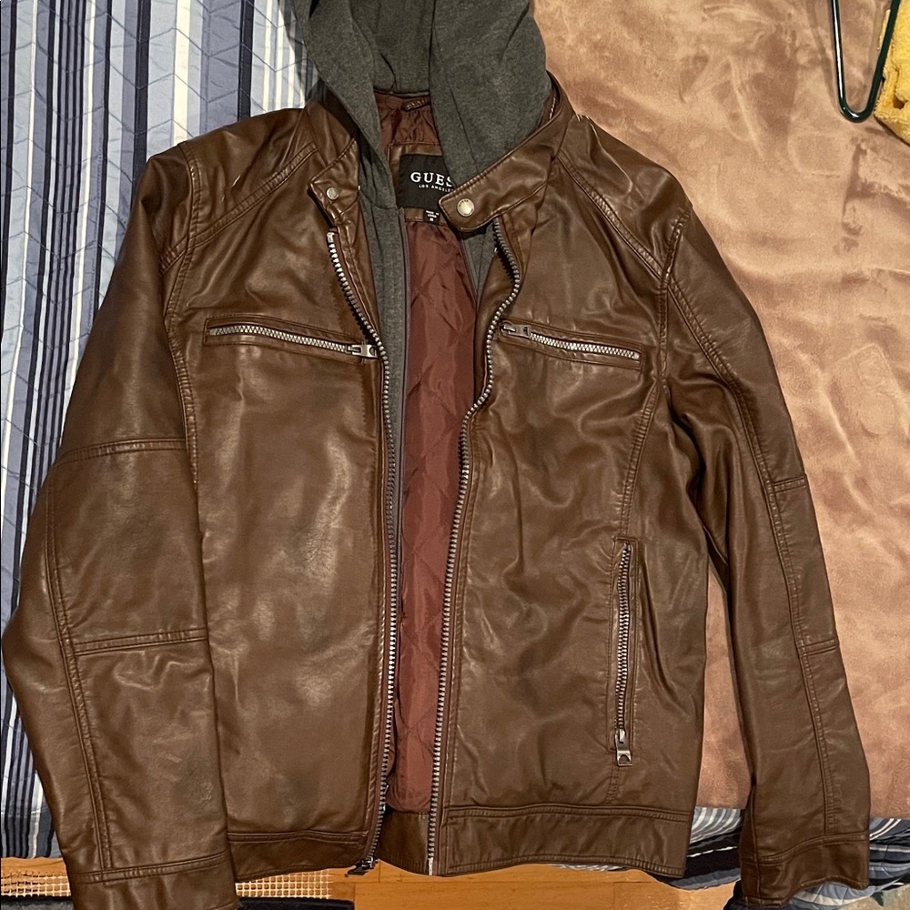 GUESS Men's Brown Leather Jacket with Hood